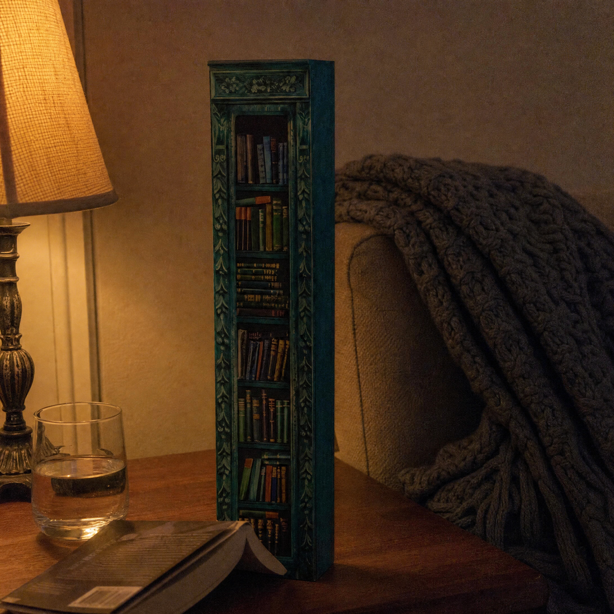 Sprigbound Midwinter Teal advent calendar beside a lamp in the evening