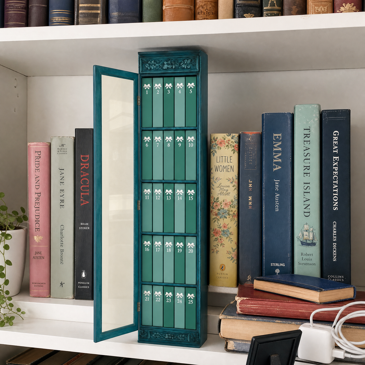 Sprigbound Midwinter Teal advent calendar open on a bookshelf showing 25 numbered drawers