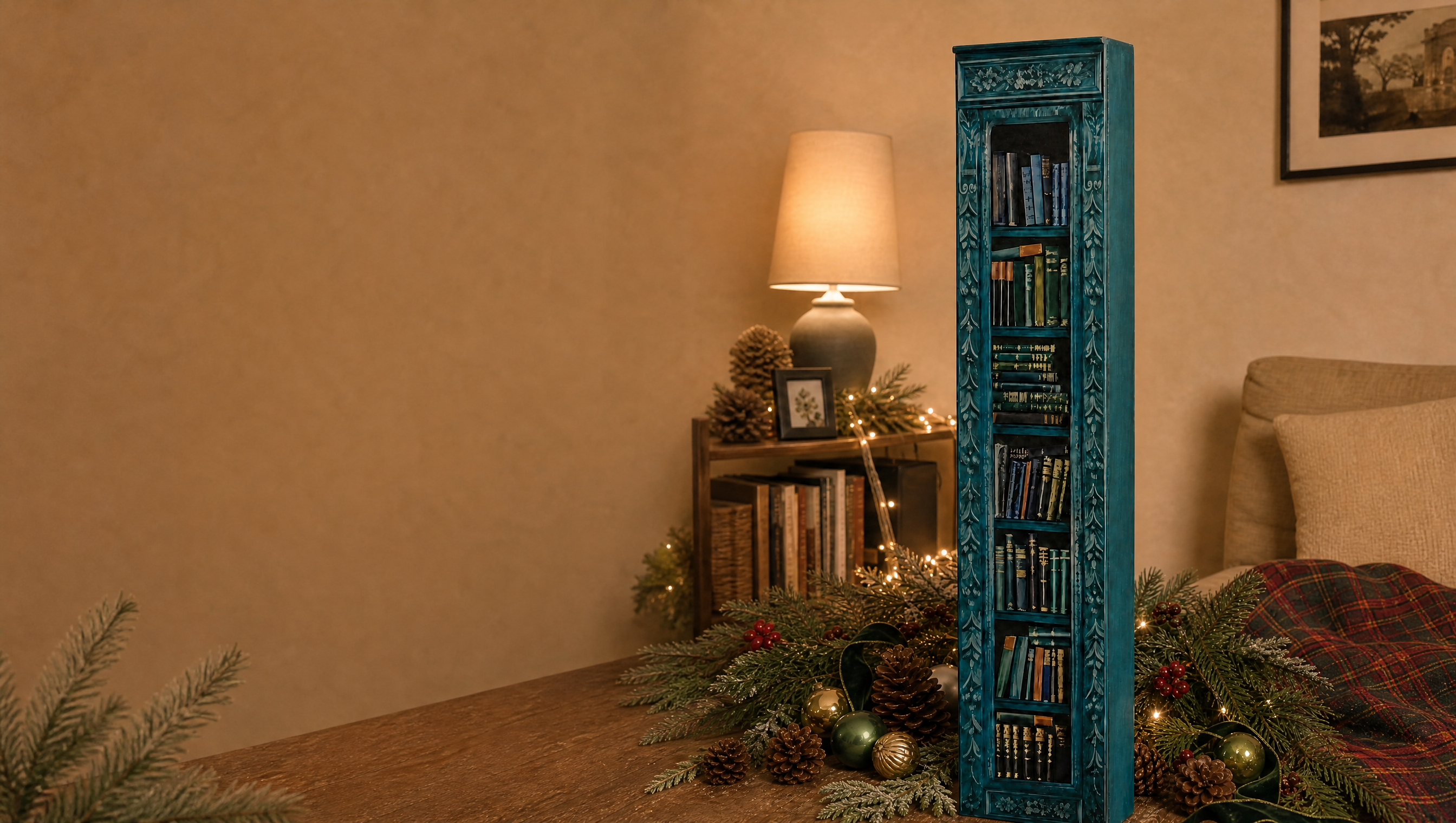 The mini book advent calendar standing on a table in a warm living room at Christmas
