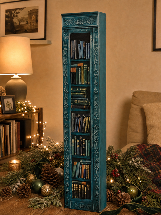 The teal mini book advent calendar standing closed on a table beside pine, pinecones and baubles