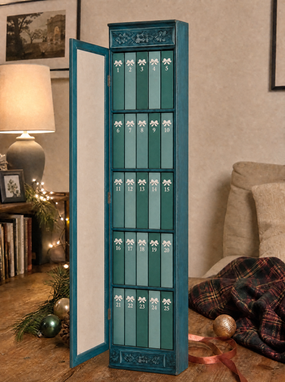 The calendar open, showing all 25 numbered drawers, five across and five down