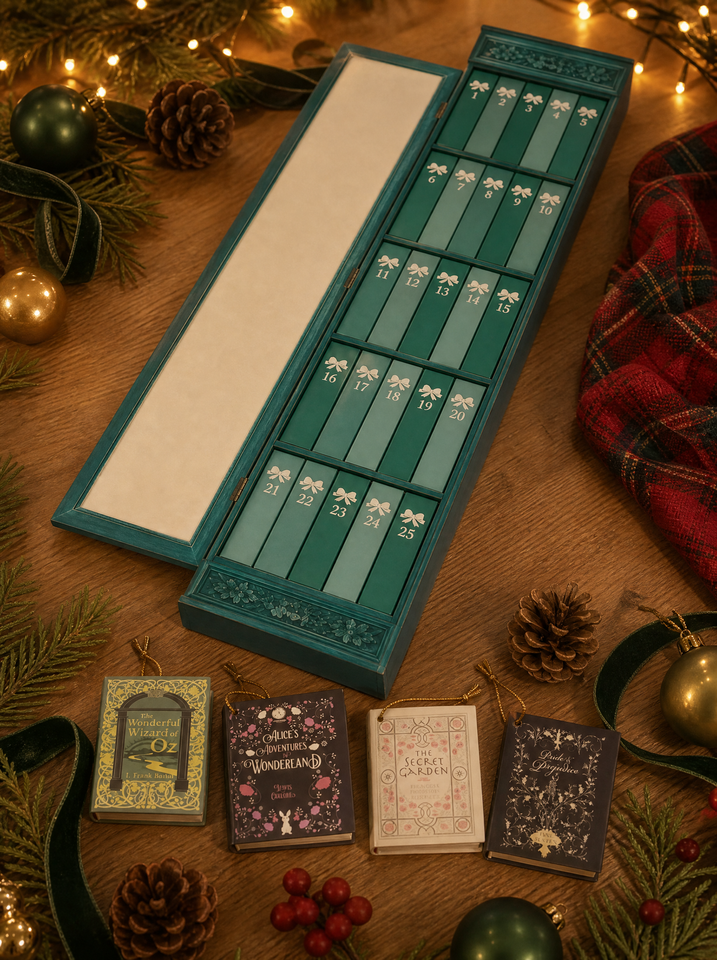 The calendar laid flat with all 25 drawers visible and four mini classics laid out in front