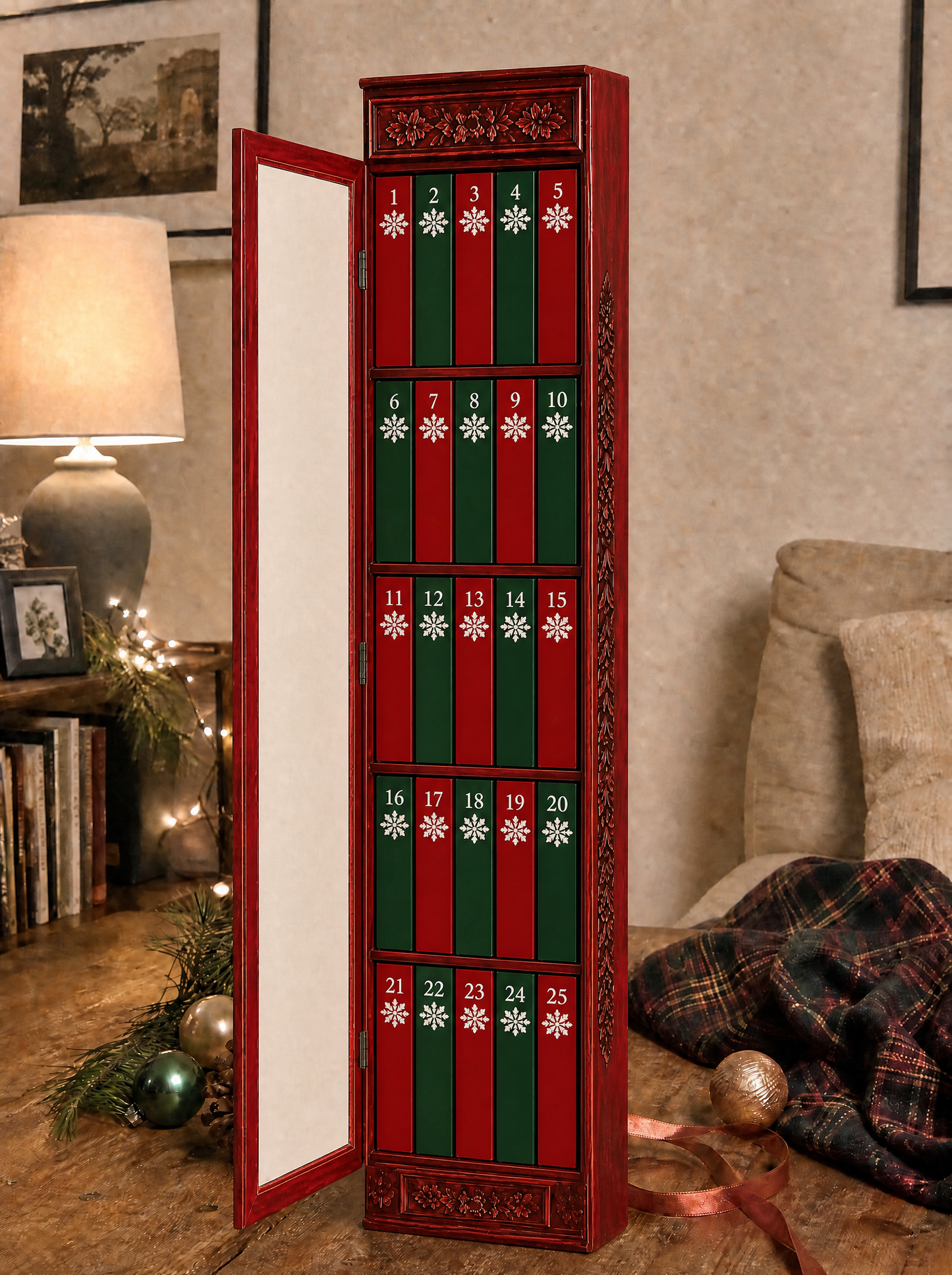 The red colourway open, showing 25 numbered drawers in red and forest green