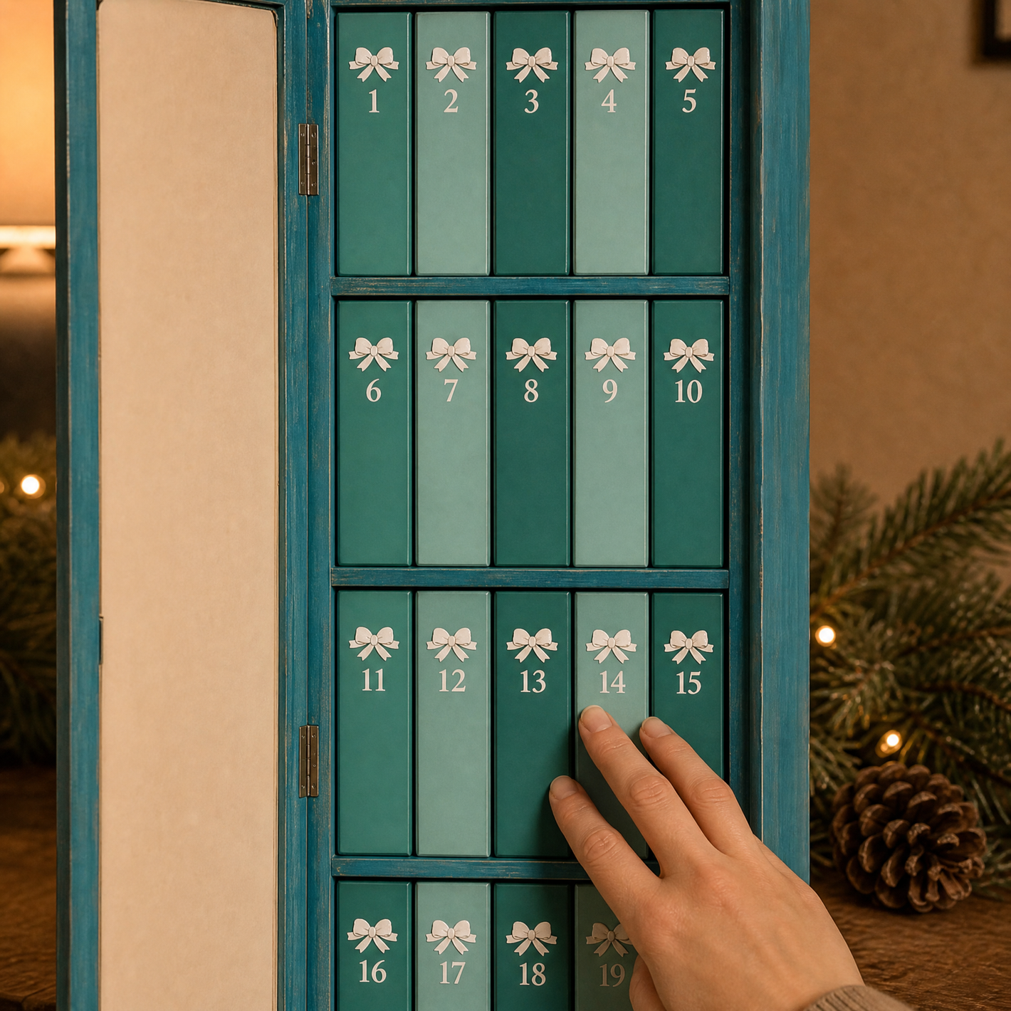 A hand resting on one of the twenty five numbered drawers inside the open calendar