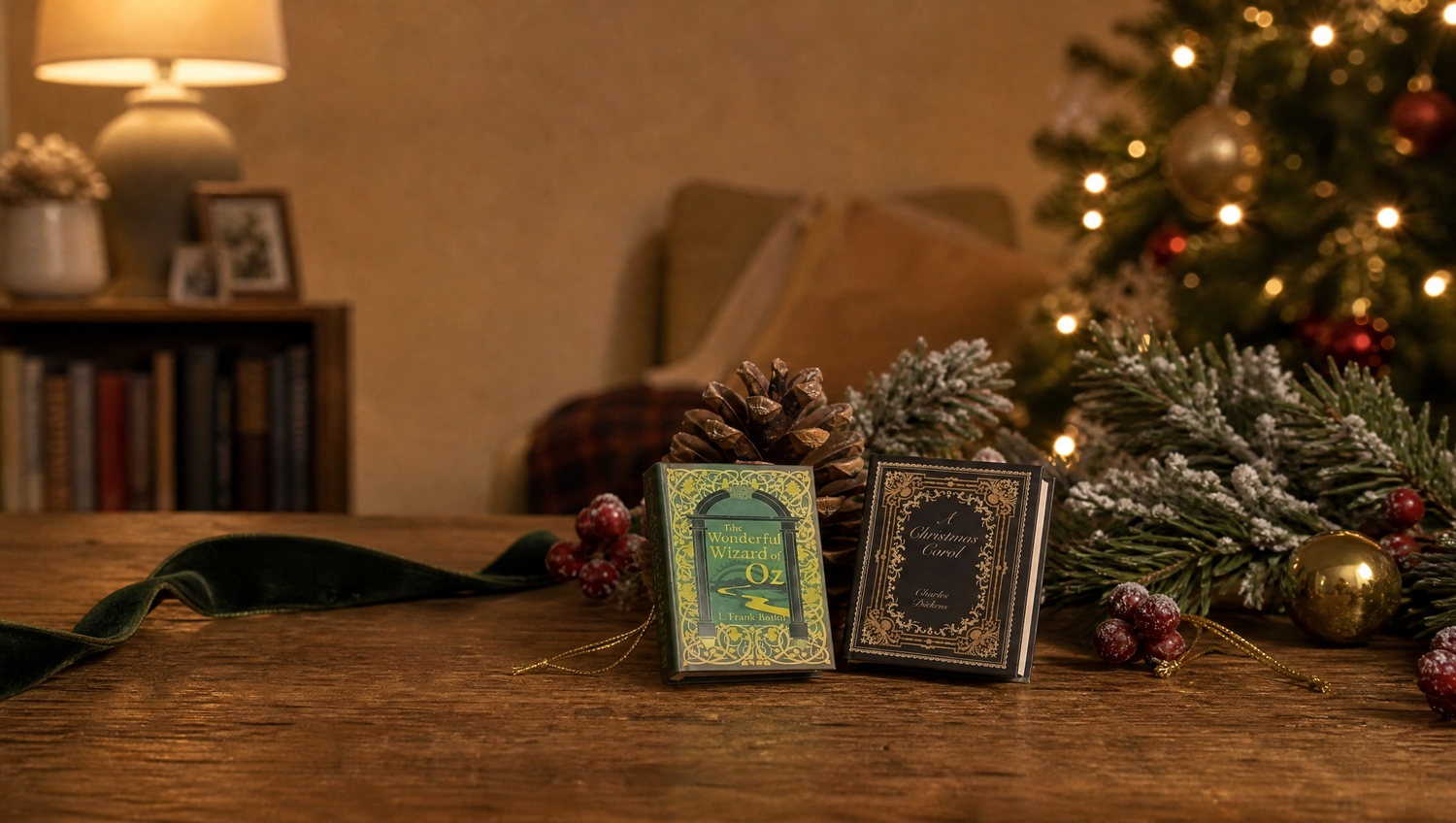 Two mini books propped on a table with a Christmas tree softly out of focus behind