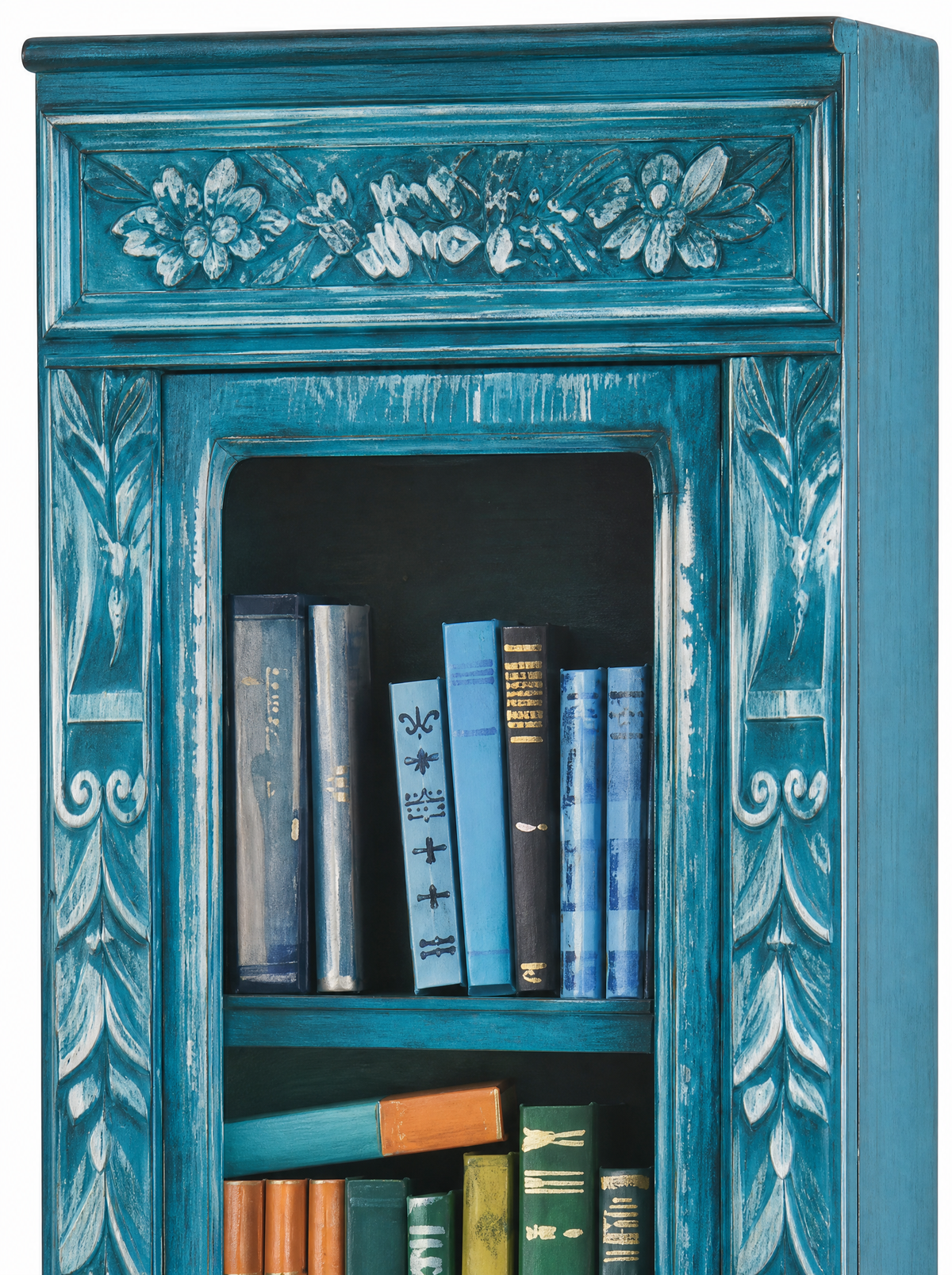 Midwinter Teal case, close up of the carved top